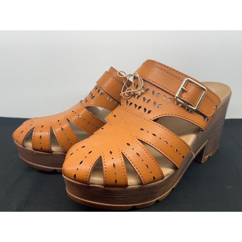 Atalina Womens Tan Cut-Out Platform Wedge Sandals Size 8.5